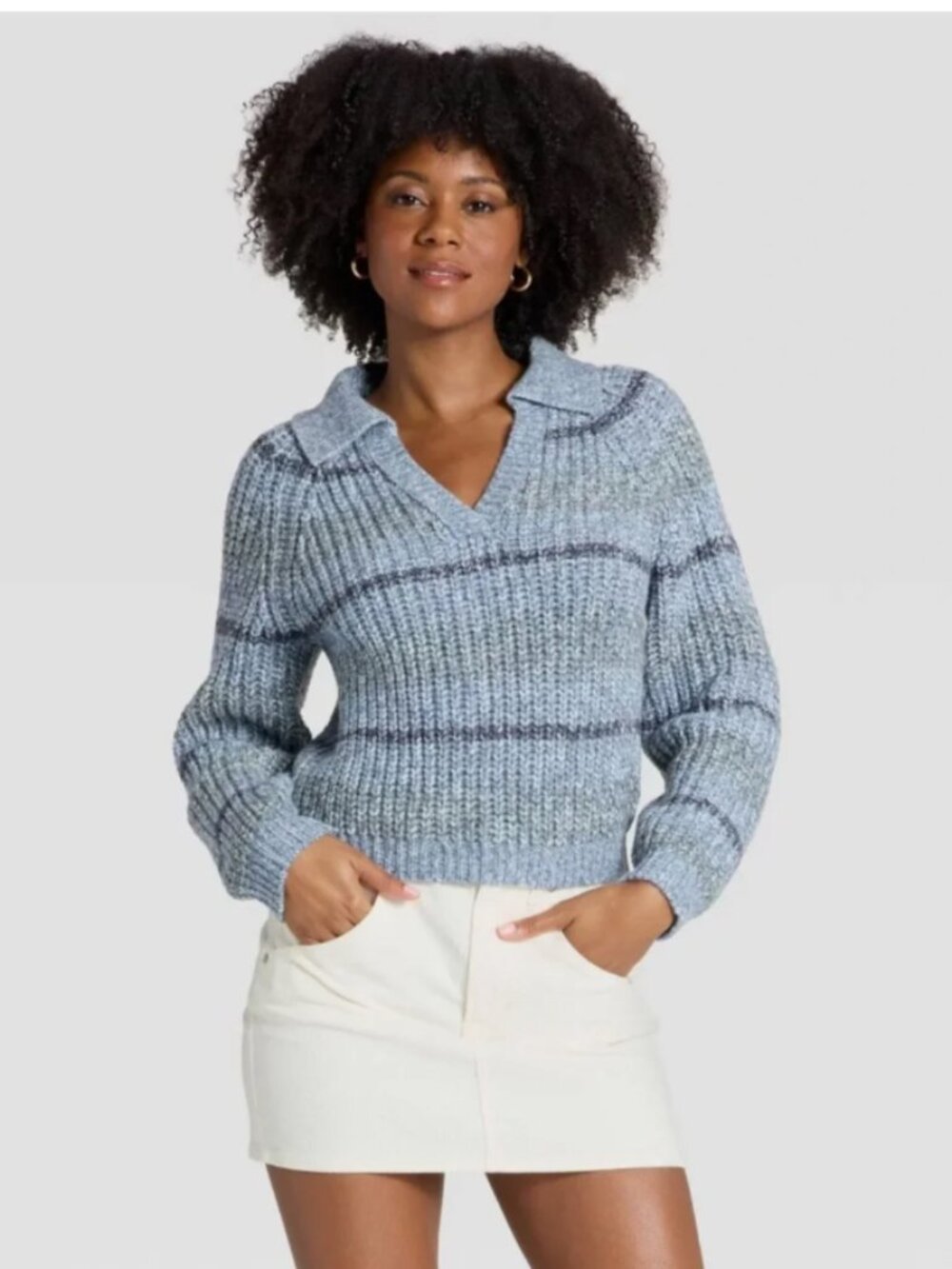 Universal Thread Blue Striped Chunky Polo Collar Pullover